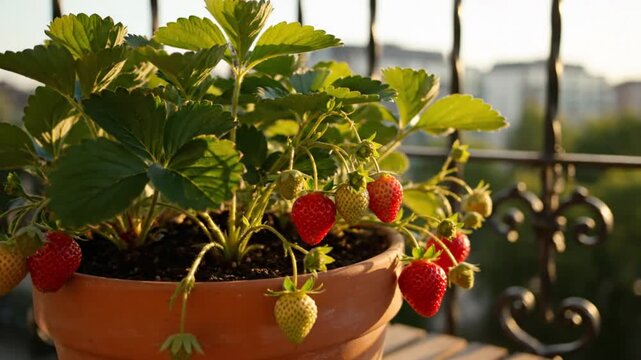 Ripe and unripe strawberries hanging on a potted plant on a balcony in the golden hour