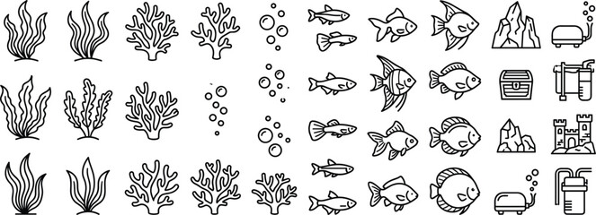 Aquarium outline element collection with tropical fish, coral reefs and underwater decoration vector illustration set © MstLinaAkter