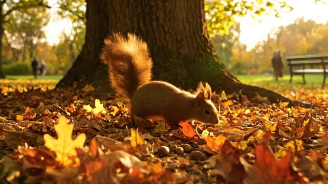 Cute squirrel foraging for food in autumn leaves near a large tree with sunny park background
