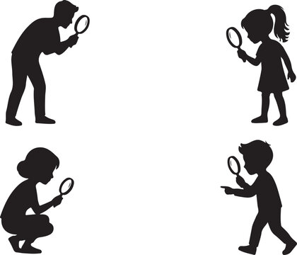Silhouettes of people using magnifying glasses