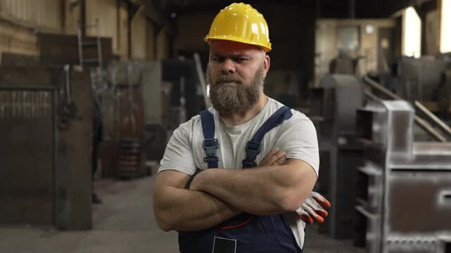 Serious bearded industrial worker posing with arms crossed