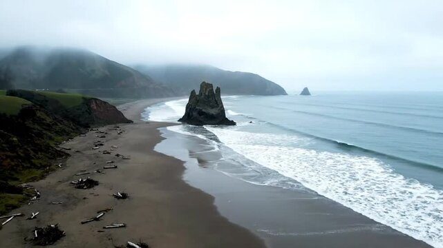 Drone view of scenic ocean coastline with sea stacks and driftwood on a misty cloudy day