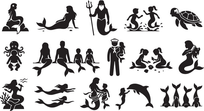 Set of black silhouette icons of mermaids merman and sea creatures with ocean theme characters for design projects and fantasy illustrations isolated on white background, Vector, illustration