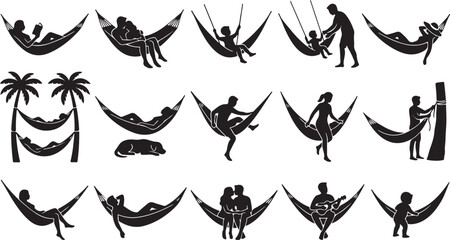 Fototapeta premium Set of black silhouettes showing people relaxing and playing in hammocks during summer vacation and leisure time in various poses and activities isolated on white background, Vector, illustration