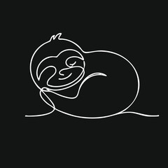 Obraz premium Sleeping Sloth One Line Art. Minimalist continuous line drawing of a peaceful animal curled up on a black background.