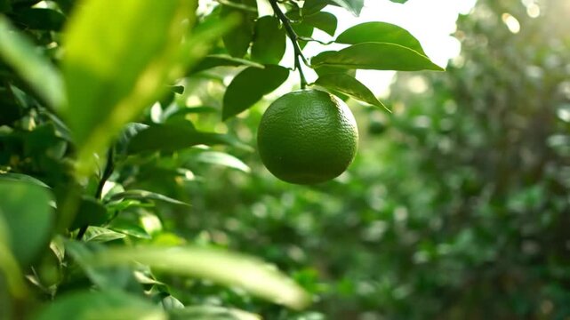 Unripe Green Citrus Fruit Hanging from a Branch with Lush Green Foliage and Sunlight
