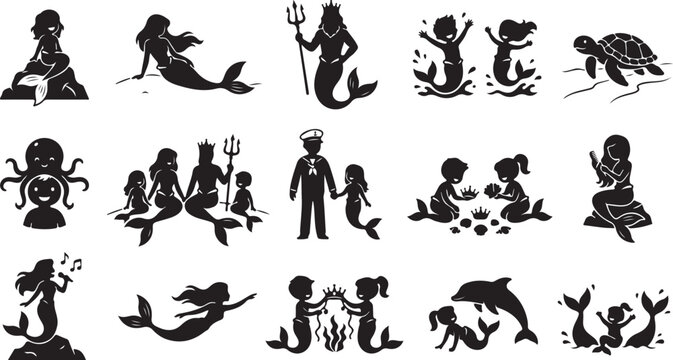 Set of black mermaid and merman silhouette icons featuring sea creatures and underwater life for fantasy ocean themed designs and nautical art isolated on white background, Vector, illustration