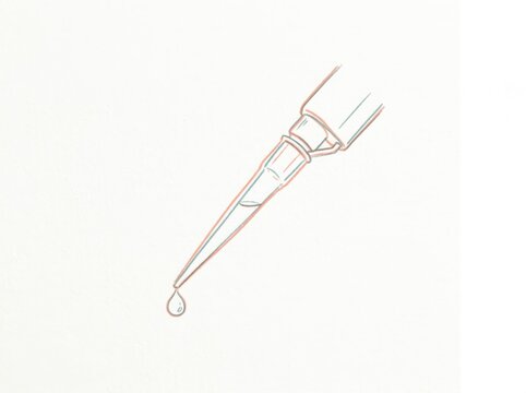 Pipette Tip with Droplet: A minimalist hand-drawn line art illustration of a single robotic pipette tip with a perfect tiny droplet hanging from the end
