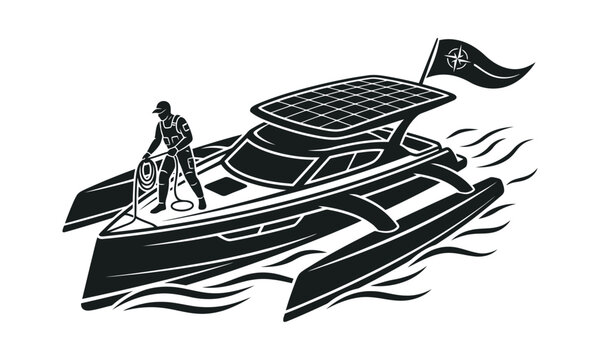 A professional sailor operates a modern solar powered trimaran boat with a compass flag while navigating through the ocean waves in this detailed vector illustration on transparent background