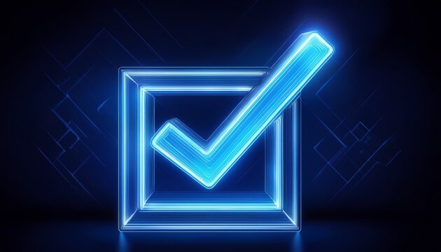 blue neon checkmark in a check box on dark background