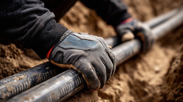 Worker hands installing insulated ground loop pipe in trench for geothermal system installation heating, showing pipe, glove, trench and earth.