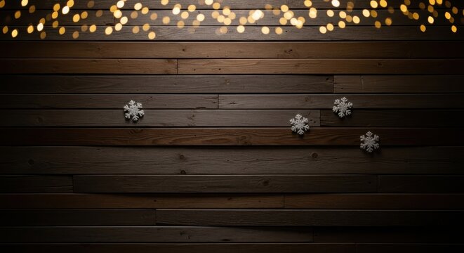 Rustic wooden background with string lights and snowflake decorations, snowflake
