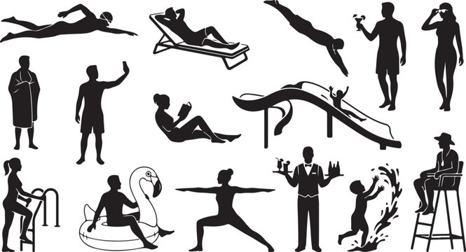 Set of black silhouettes of people doing summer vacation activities like swimming diving relaxing reading and playing at the beach and swimming pool isolated on white background, Vector, illustration