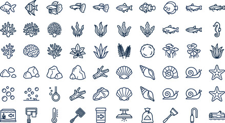 Aquarium and marine life outline icon collection with tropical fish, coral and underwater elements vector illustration set © MstLinaAkter
