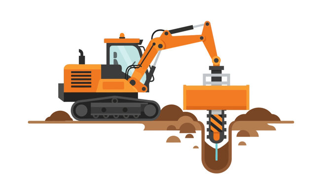 Flat Vector Illustration of an Orange Crawler Excavator with Auger Drilling Attachment Digging a Foundation Hole