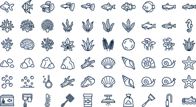 Aquarium and marine life outline icon collection with tropical fish, coral and underwater elements vector illustration set
