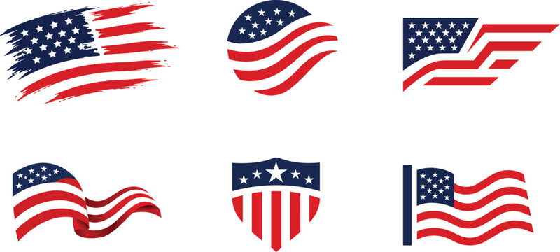 American flag logo collection. patriotic USA symbols, stars, stripes, shields, and waving flag vector designs for branding and celebrations.