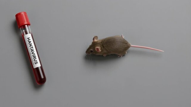 A medical test tube labeled Hantavirus sits next to a small mouse on a gray surface. This conceptual shot illustrates the link between rodents and the transmission of dangerous zoonotic diseases.