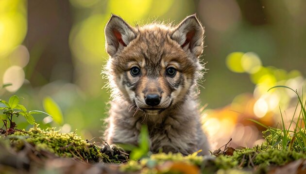 Adorable Wolf Cub Posing in a Lush Green Forest Setting.