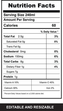 Almond Milk Nutrition Facts Label Vector Illustration, Serving Size 240ml