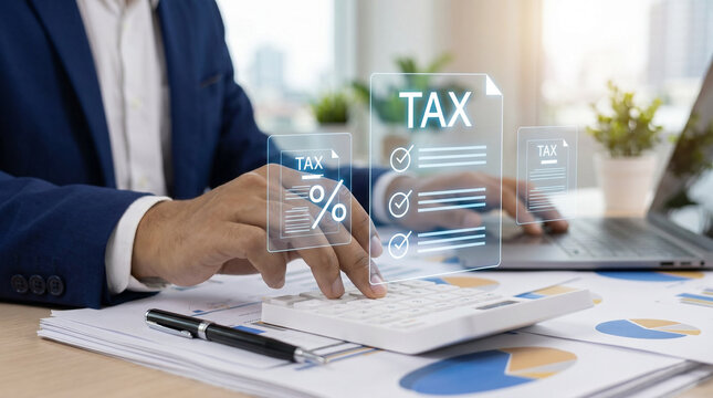 Business tax concept with calculator, symbolizing accounting service, tax compliance, and financial analysis.
