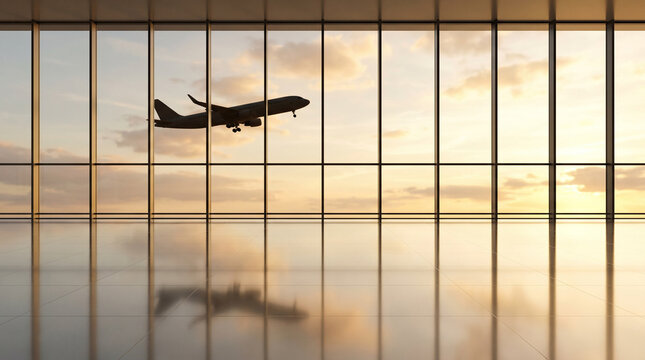 Airport terminal with plane silhouette, symbolizing journey, business travel, flight, and international tourism.