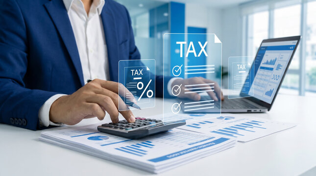 Tax document with accountant writing, symbolizing tax filing, finance, accounting, and business compliance.