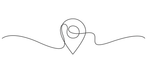 Obraz premium Title: Location pin continuous one line drawing for navigation and travel map concept. Minimalist one line art of a map pointer icon for GPS and destination branding.