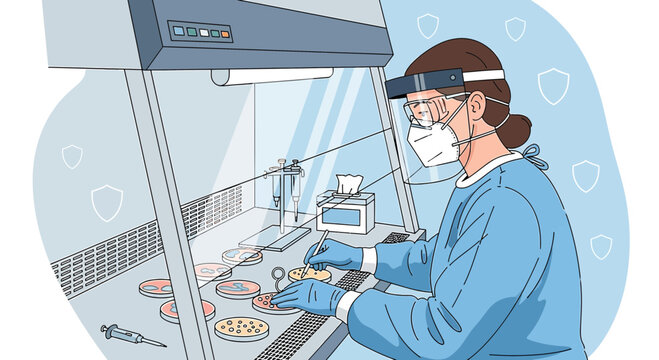 Scientist in protective gear working in a biosafety cabinet with petri dishes