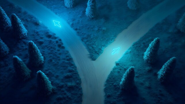 Conceptual background: Isometric pine forest with two cyan neon arrows pointing along a splitting path