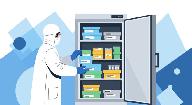 Scientist in protective suit organizing samples in a laboratory freezer