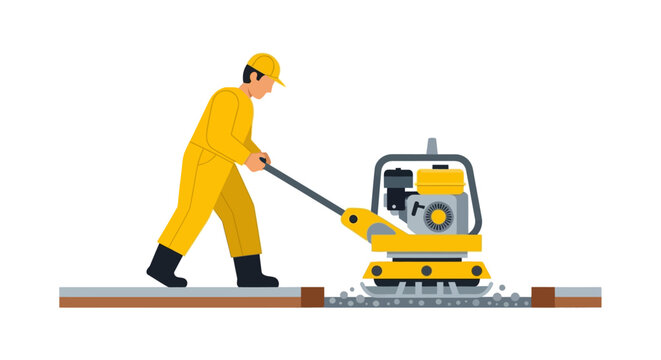 Construction Worker Operating a Vibrating Plate Compactor Vector Illustration