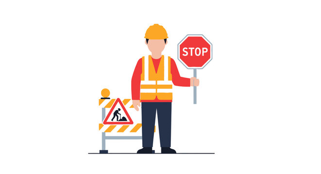 Flat vector illustration of a construction worker in high-visibility vest and hard hat holding a red stop sign at a road maintenance site.