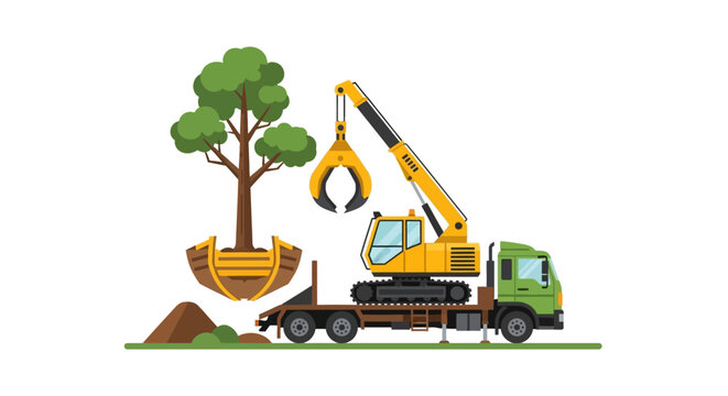 Flat Vector Illustration of a Truck Crane Transplanting a Tree for Urban Landscaping and Reforestation
