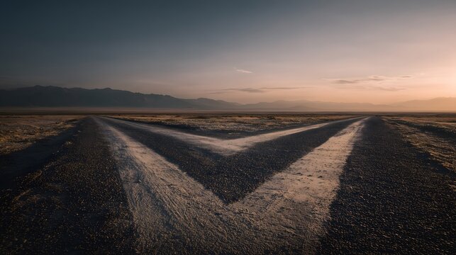 Conceptual background: Forked dirt road in a desert with white arrows at sunset