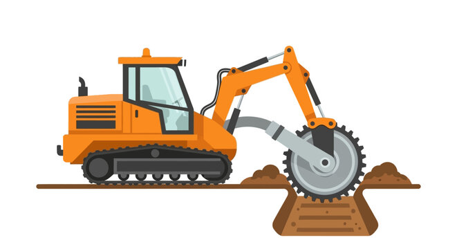 Orange Industrial Trencher Machine Vector Illustration - Heavy Equipment for Trenching, Excavation, and Pipeline Construction