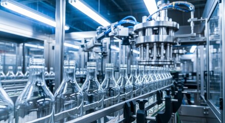 Fototapeta premium Empty glass bottles moving on a conveyor belt in an automated factory, industrial production line for beverage bottling.