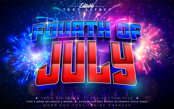 4th of July Independence Day Text Effect Design Editable Vector Graphic Style with 3d Typography on Fireworks Background. Memorial or Veteran Day Customizable Illustration Template for Greeting Card