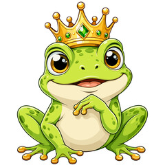 Fototapeta premium Frog wearing a crown sits happily with a smile in bright cartoon style in a simple, colorful design vector icon on a transparent background 