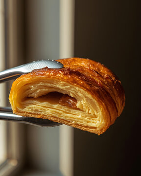 Close-up of a freshly baked held with stainless steel tongs