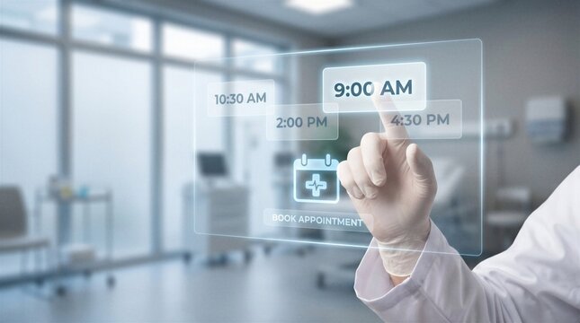 Doctor selecting a digital medical appointment time on a virtual booking interface, concept of healthcare scheduling, clinic technology and online patient service.