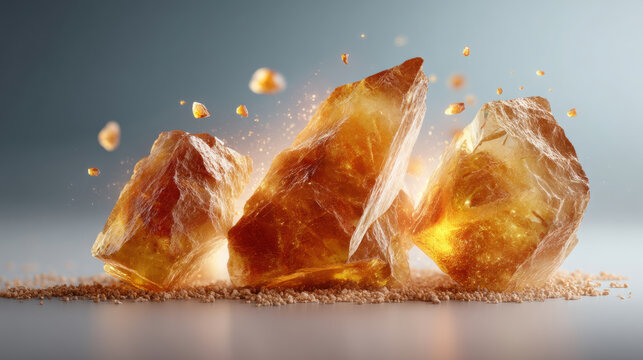 Luxury amber crystal stones illuminated with warm glowing sunlight, artistic macro mineral photography featuring translucent fossil resin textures and elegant natural gemstone aesthetics ideal