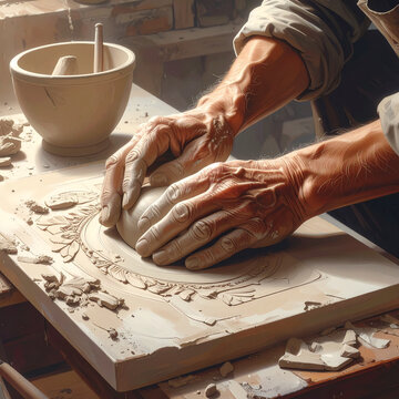 Skilled artisan hands shaping clay