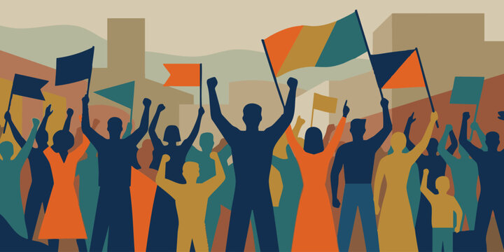 A crowd of people protesting peacefully in the city with flags waving freely.
