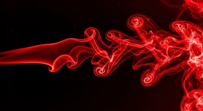 Swirls of vibrant red smoke against a black background, abstract gaseous patterns and flowing ethereal vapor trails.