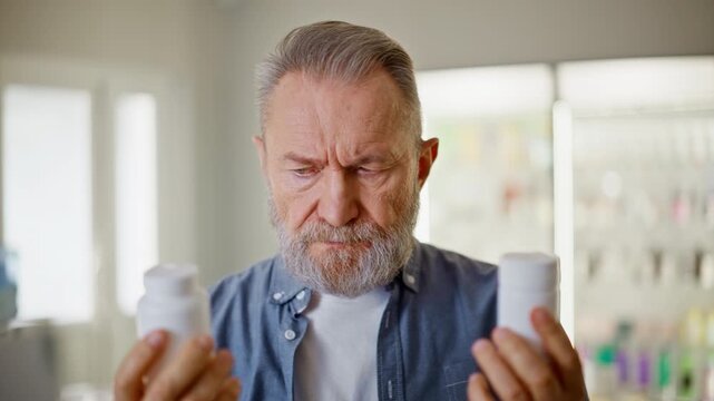 Old man comparing bottles making decision portrait. Pharmacy customer searching