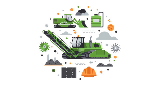 Heavy Industrial Mining Machinery and Surface Excavation Equipment Flat Illustration with Green Continuous Miner, Loader, and Safety Hard Hat Icons.