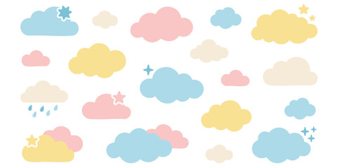 Fototapeta premium Colorful clouds and stars fill the sky with various shapes.