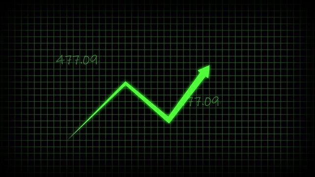 Arrow icon animation pointing downward. Arrow icon green financial loss. Arrow icon business failure graphic on black grid background with numbers.