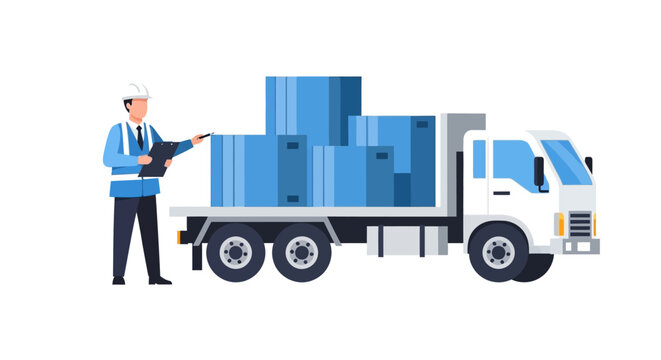 Logistics worker inspecting cargo boxes on a flatbed delivery truck. Professional inspector checking inventory for shipping and transport. Vector illustration.
